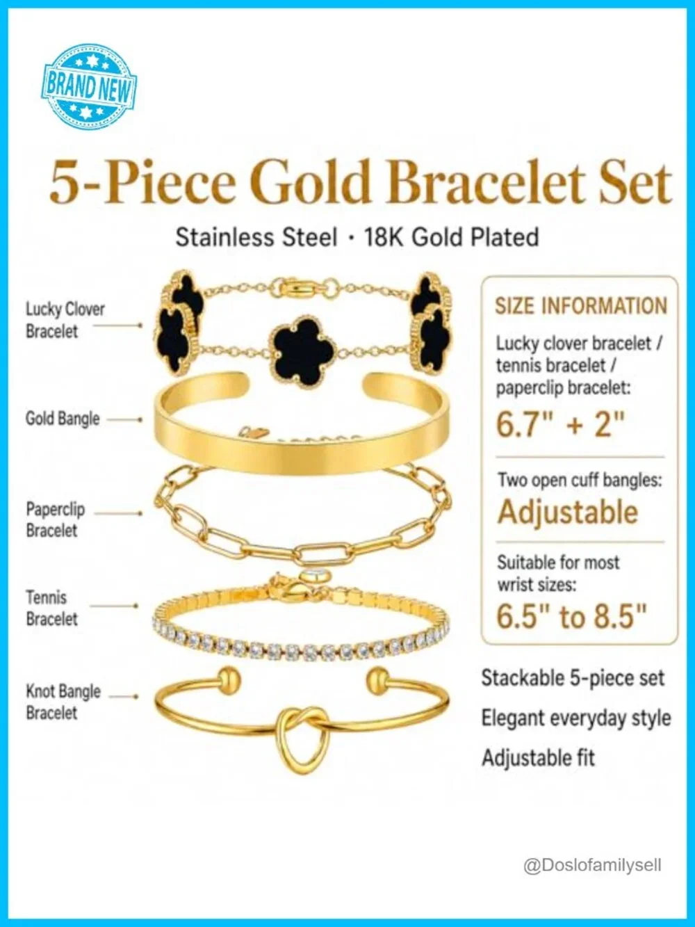 Stackable Gold Bracelet Set, 18K Gold Plated Stainless Steel, 5 Piece